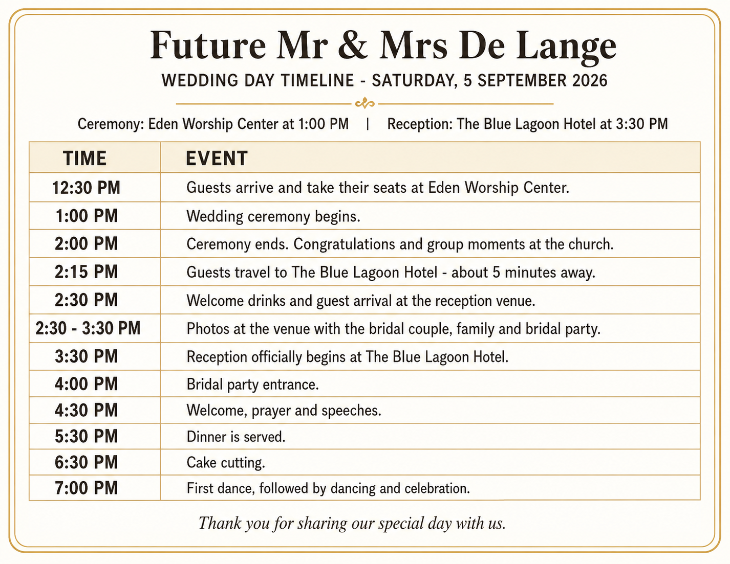 Wedding day timeline for Future Mr and Mrs de Lange